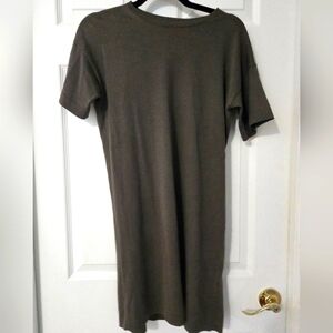 85% silk, 15% cashmere shift dress in dark olive, almost gray color